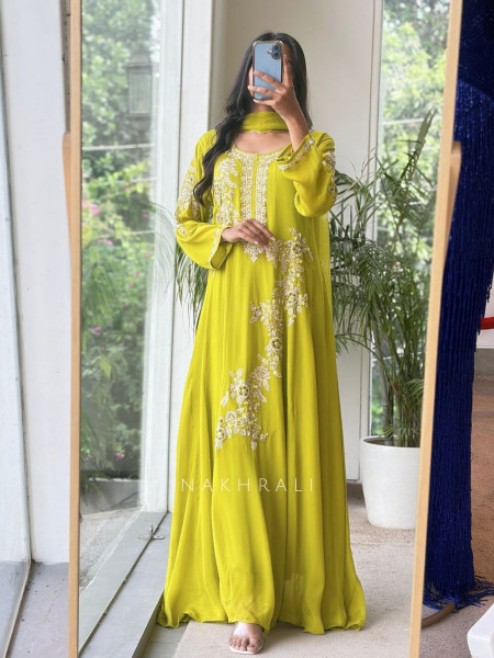 Sorrel Parrot Green Organza Georgette Layered Sharara Suit Set