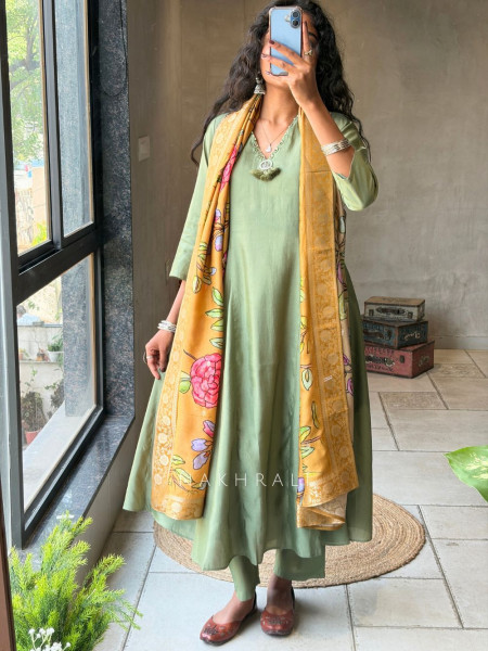 Zyrika Rama Green Anarkali Suit Set with Floral Dupatta