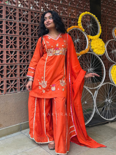 FestiveFolklore Orange Pure Chanderi Silk Sharara Suit Set With Zardozi & Elephant Motif Embroidery