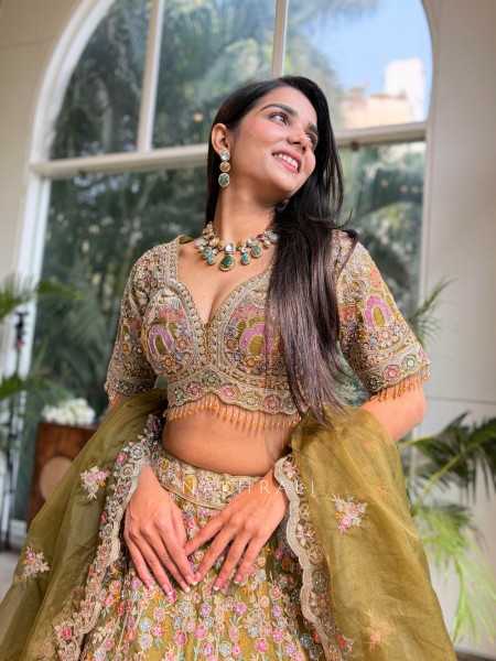 Pranika Mehendi Green Embroidered Lehenga Set