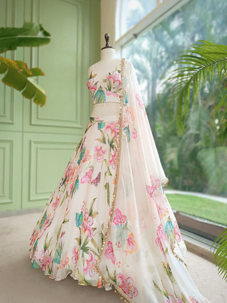 Rang-e-Gul Off-White Floral Indo-Western Lehenga with Sequin Embroidery