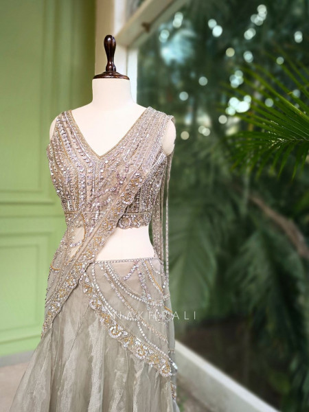 Alyra Grey Indo-Western Crop Top Skirt Set with Sequin Cut Dana Work