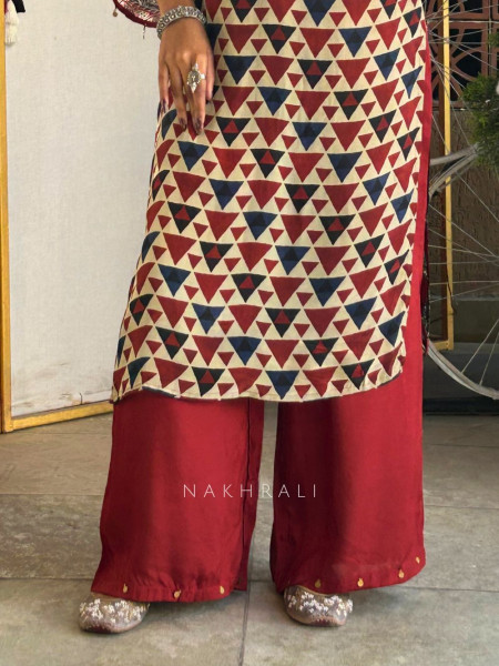Triya Maroon Printed Pant Kurta Set with Tassel Detail