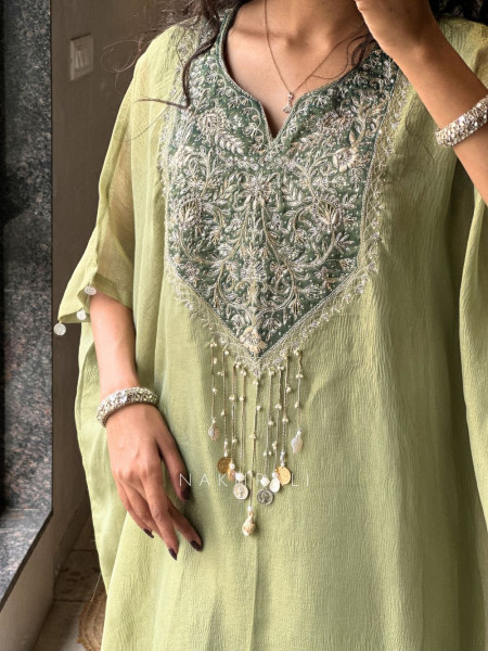 Riyana Green Kaftan Set with Heavy Embroidered Neckline