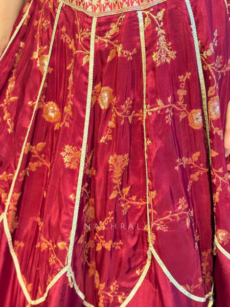 Orvian Maroon Lehenga Set with Floral Weave Sequin Border Work