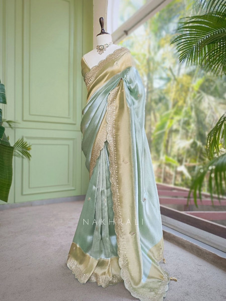 Skylight Pista Green Zari Weaved Saree with Embroidered Border