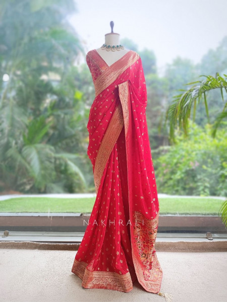 Asmi Red Banarasi Khaddi Georgette  Saree