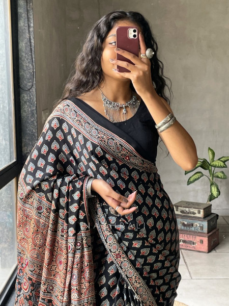 Chaaya Black Modal Saree with Ajrakh Print