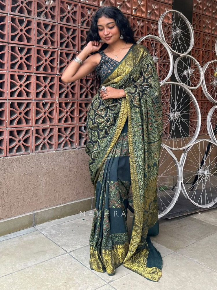 Image of Earthbound Green Dola Silk Ajrakh Printed Saree