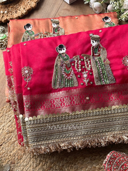 Kalpika  Red Organza Silk Saree With Jaimala Zardosi Motif Work