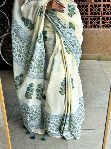 Inku Cream Cotton Saree with Hand Block Print