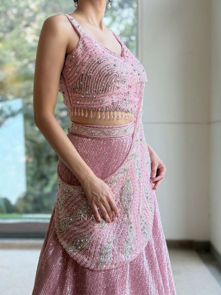 Sheen Pink Indo-Western Pre-Draped Lehenga
