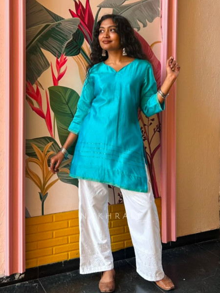 Rainbow Sky Blue Short Kurti Minimal Border Detail