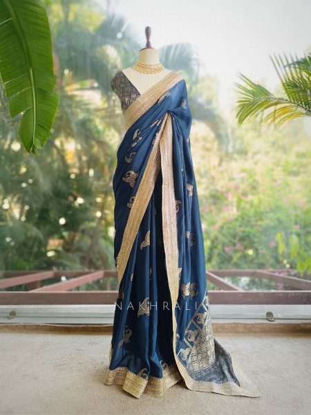 Tavira Teal Blue Saree with Broad Border and Unstitched Blouse Piece