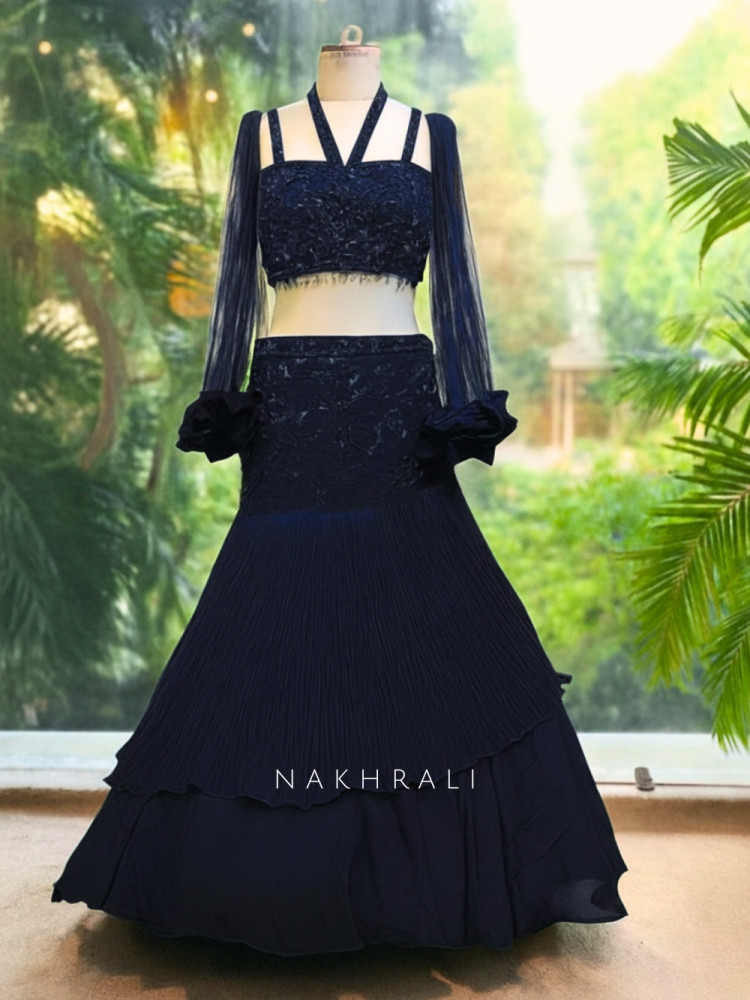 Image of Navy Noir Contemporary Lehenga with Textured Work