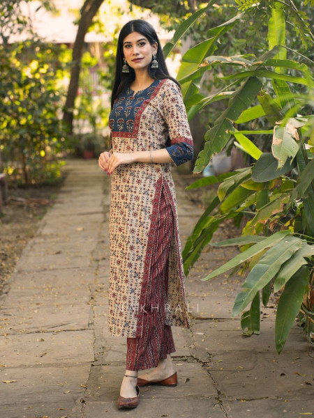 Niloufar Beige Cotton Kurta with Sequin Patch Work