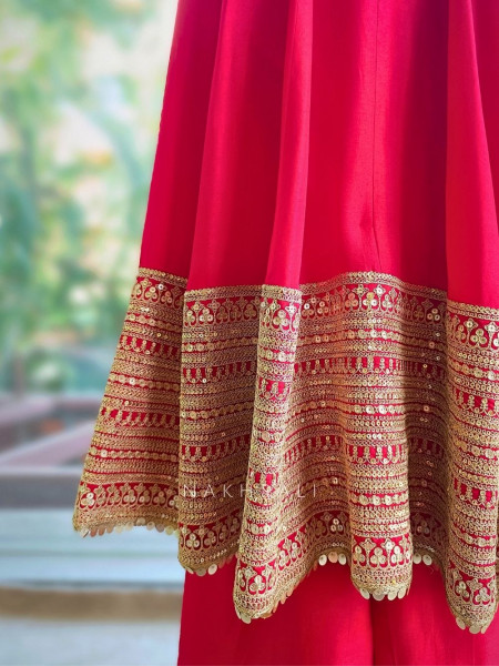 Emerald Red Anarkali Palazzo Set with Bandhej Dupatta and Border Work
