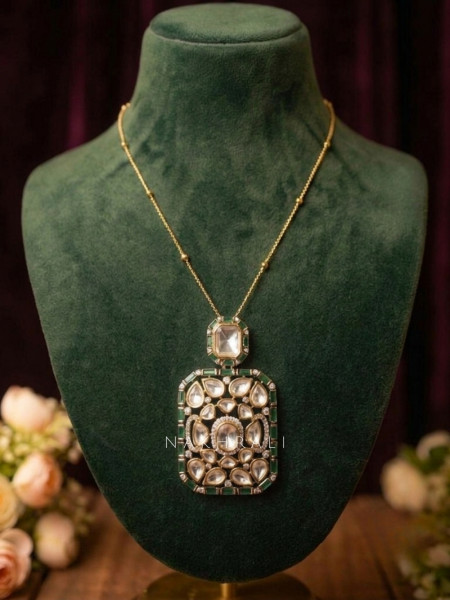 Suvritha Green Long Necklace Set With Stone-Studded Pendant Detail