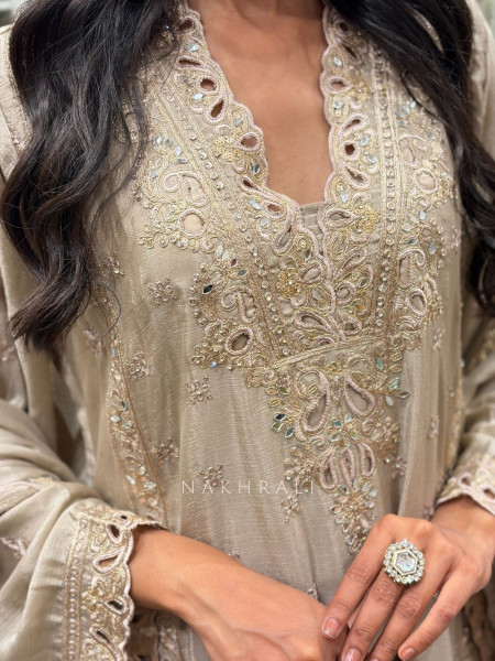 Zymera Brown Three Piece Suit Set with Cutwork and Mirror Embroidery