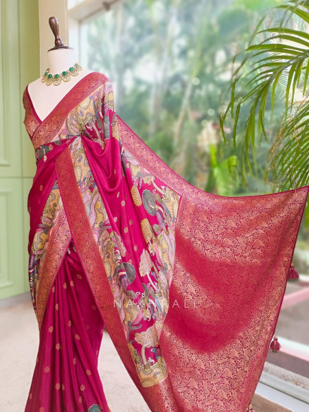 Sarang Wine Saree awith Kalamkari-Inspired Figurative Motifs