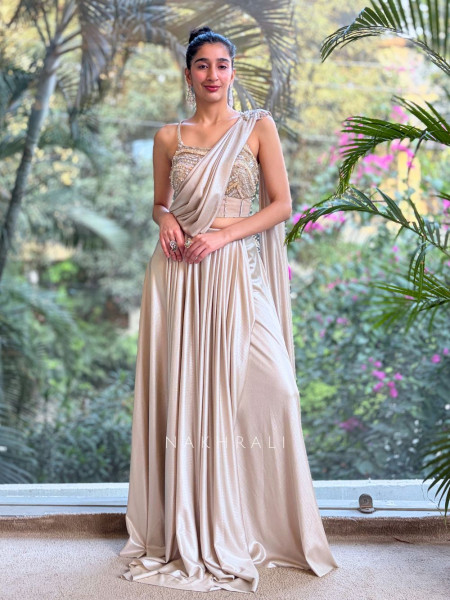 Solyn Beige Embellished Pre-Draped Saree Set