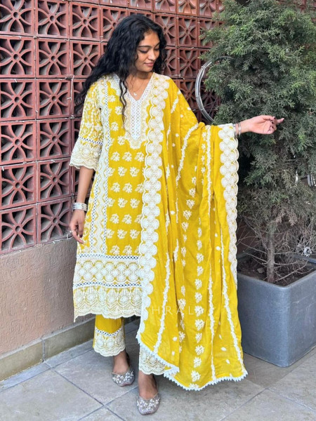 Mireya Mustard Cotton Suit Set with Lucknowi Embroidery