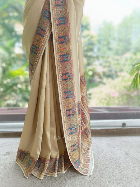 Kalptaru Cream Munga Tussar Georgette Silk Blend Saree with Kashmiri Jamawar Border