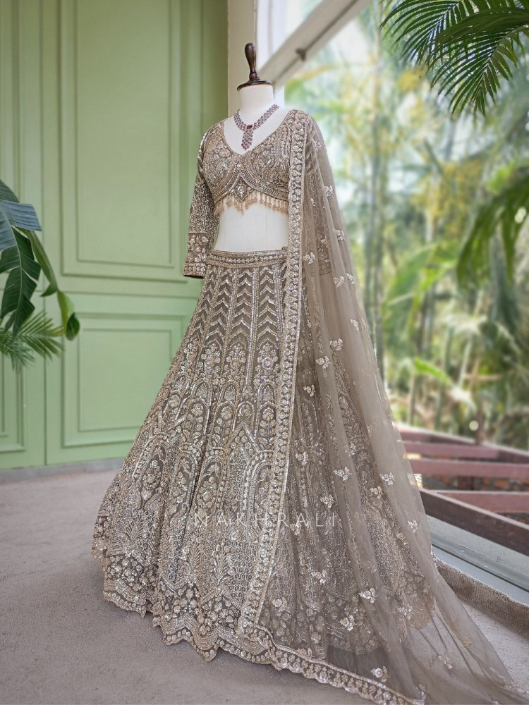 Image of Zeenoora Grey Lehenga Set with Embroidery, Beads &amp; Sequin Work