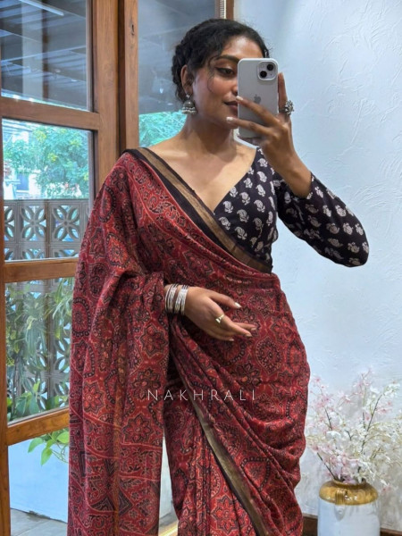 Rubaab Red Kota Doriya Saree with Ajrakh-Inspired Floral Print