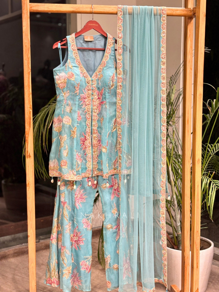 Image of Willow Bloom Sky Blue Indo-Western Palazzo Kurta Set