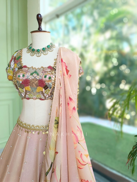 Pushpaveda Blush Pink Shimmer Lehenga With 3D Beadwork, Floral Print & Sequin Detail