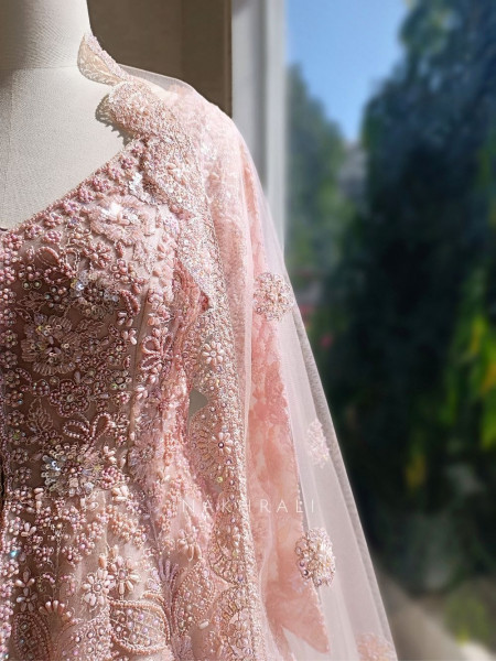 Aurelia Pink Net Silk Achkan Lehenga with Sequin Cut Dana Work