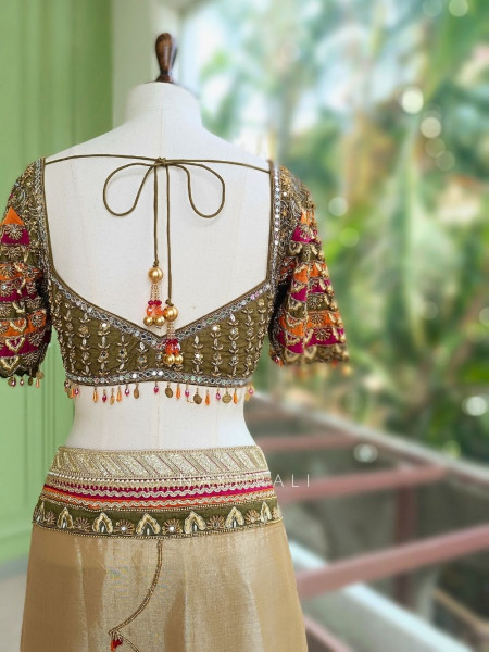 Kairi Mehendi Green Saree with Zari And Mirror Work