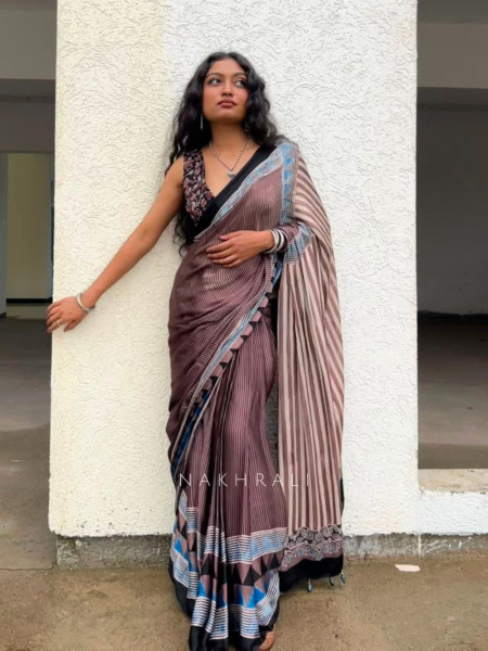 Dhani Brown Modal Silk Saree With Ajrakh Print