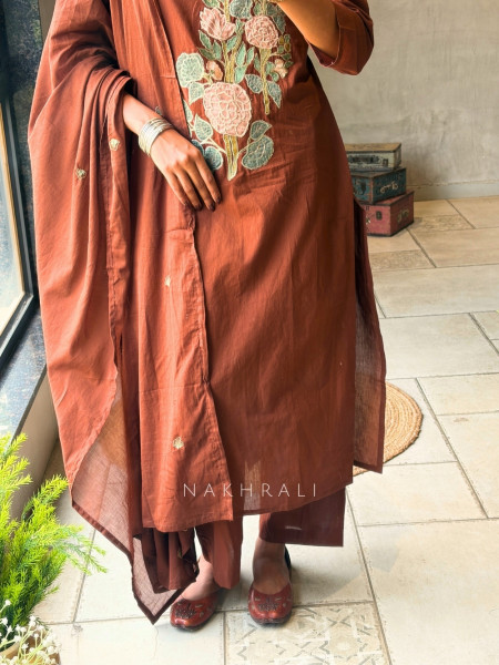 Tavira Brown Embroidered Floral Kurta Pant Set with Dupatta