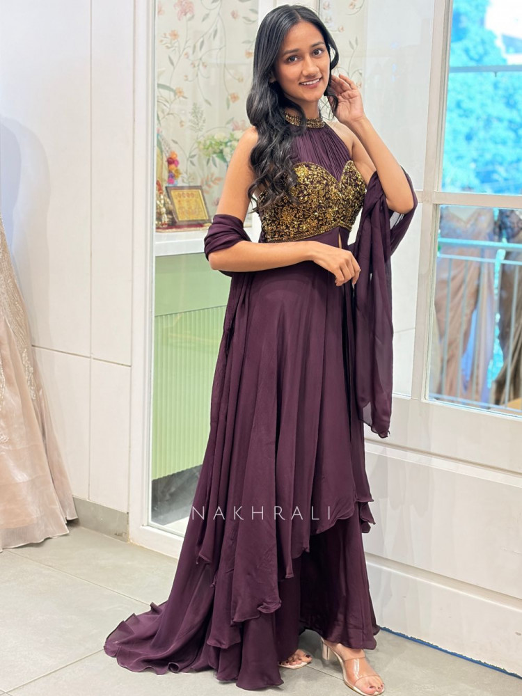 Image of Inaaz Wine Indo Western Set with Cut Dana Work