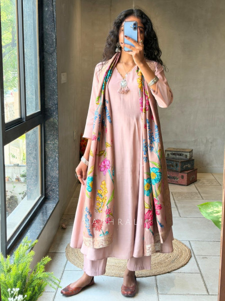 Zyrika Peach Anarkali Suit Set with Floral Dupatta