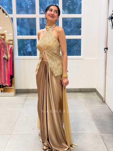 Obelisk Beige Satin Crepe Indo-Western Drape Skirt Set