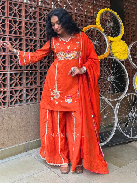 FestiveFolklore Orange Pure Chanderi Silk Sharara Suit Set With Zardozi & Elephant Motif Embroidery