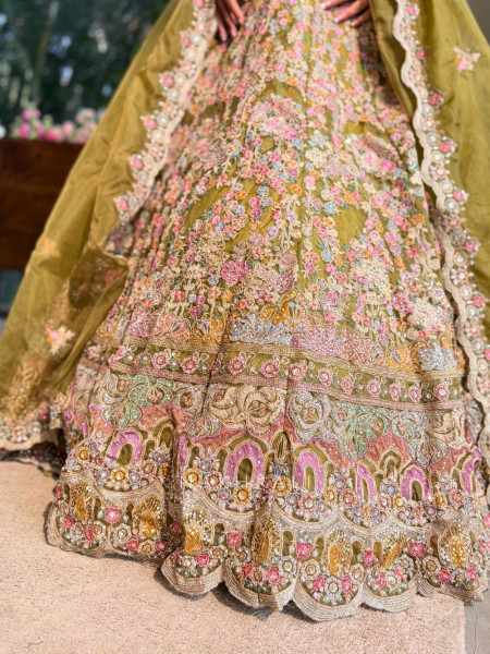 Pranika Mehendi Green Embroidered Lehenga Set