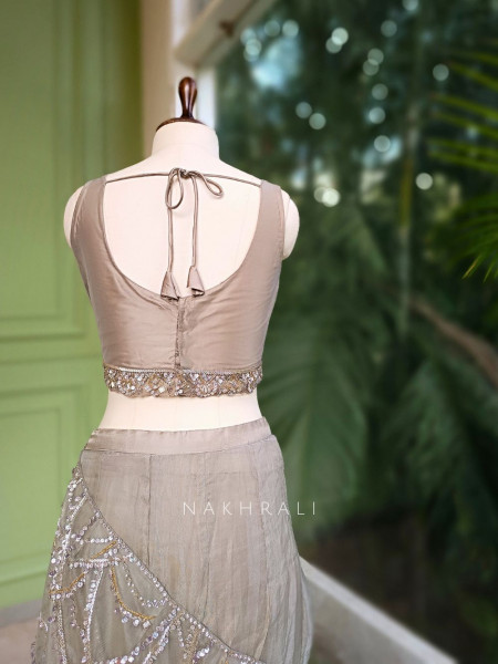 Alyra Grey Indo-Western Crop Top Skirt Set with Sequin Cut Dana Work