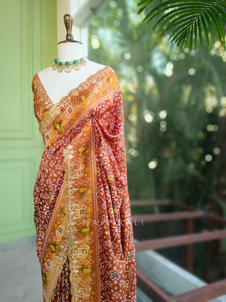 Zoraya Brown Ghatchola Saree with Elephant Motif Border