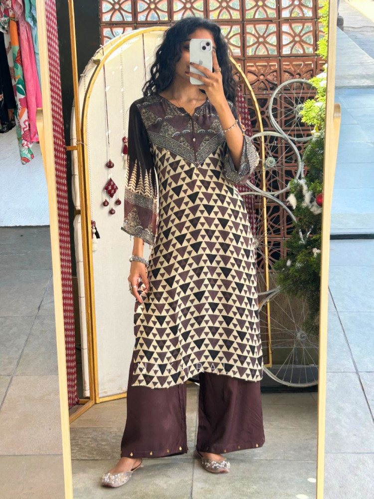 Image of Triya Brown Printed Pant Kurta Set with Tassel Detail