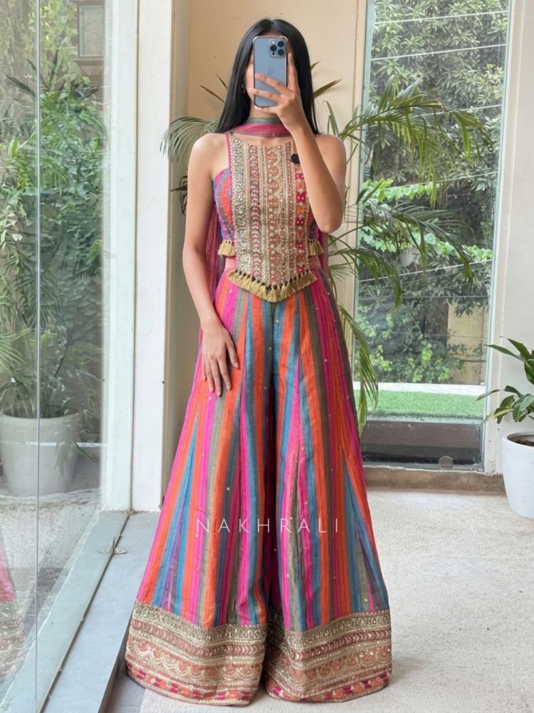 Image of Prismora Orange Silk Blend Indo-Western Palazzo