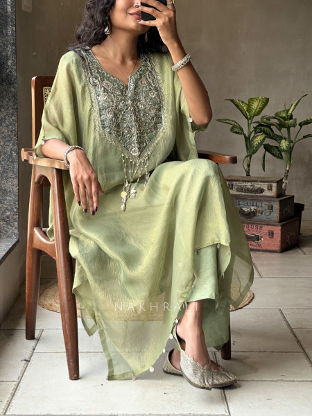 Riyana Green Kaftan Set with Heavy Embroidered Neckline