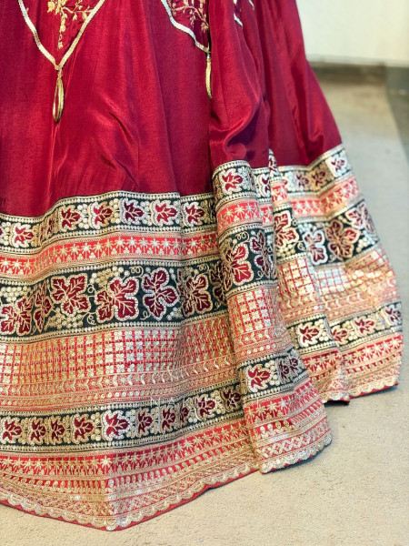 Orvian Maroon Lehenga Set with Floral Weave Sequin Border Work