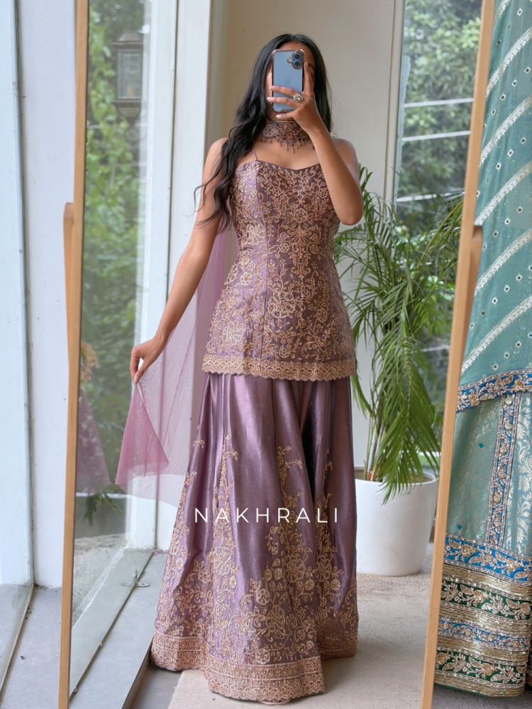 Image of Noor-e-Aura Scalloped Droplet Fusion Purple Plazo Set