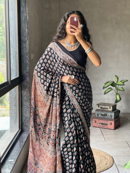 Chaaya Black Modal Saree with Ajrakh Print