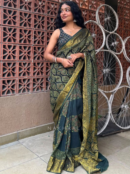 Earthbound Green Dola Silk Ajrakh Printed Saree