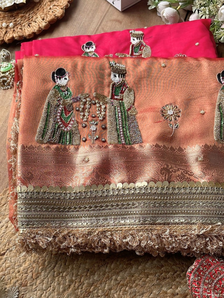 Kalpika  Peach  Organza Silk Saree With Jaimala Zardosi Motif Work